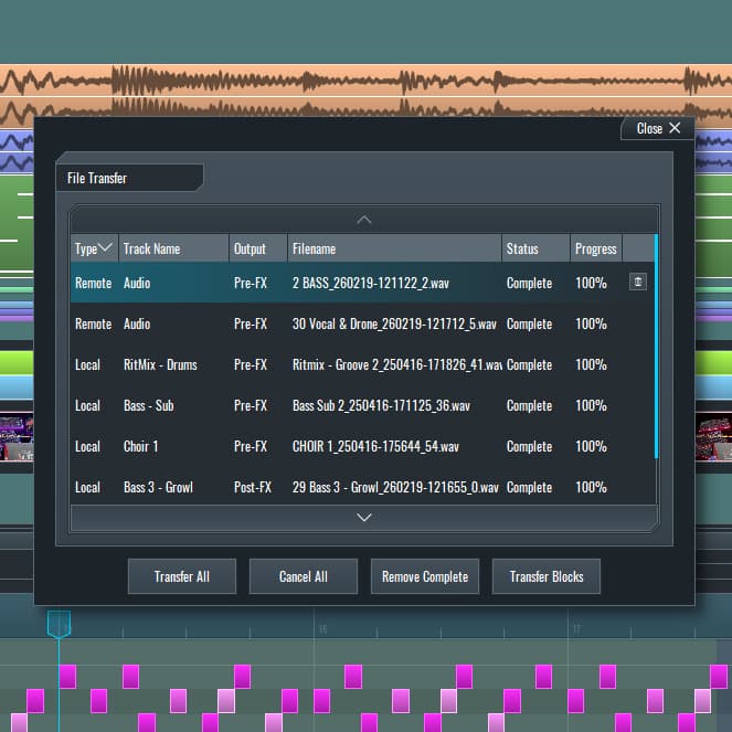 Lasso and transfer timeline blocks instantly. Assets populate at the exact timecode on the remote peer’s workstation for perfect sync.