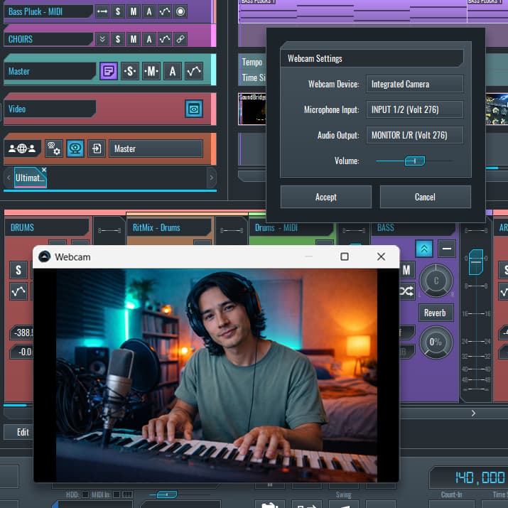 Integrated webcam and talkback mic with auto-dimming logic for clear communication without leaving your production environment.